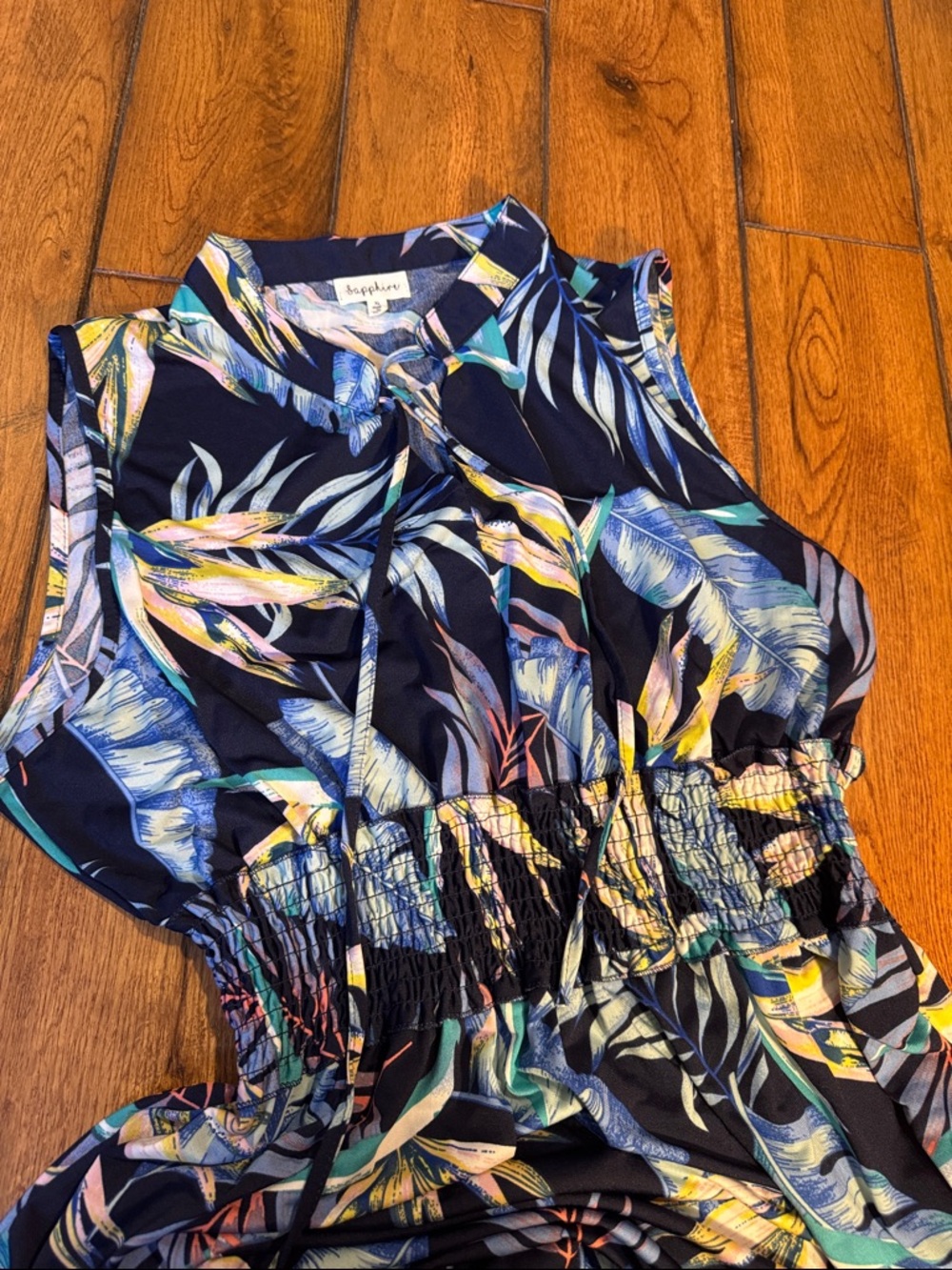 Sleeveless Navy Tropical Maxi Dress with Smocked Waist - Picture 6 of 6